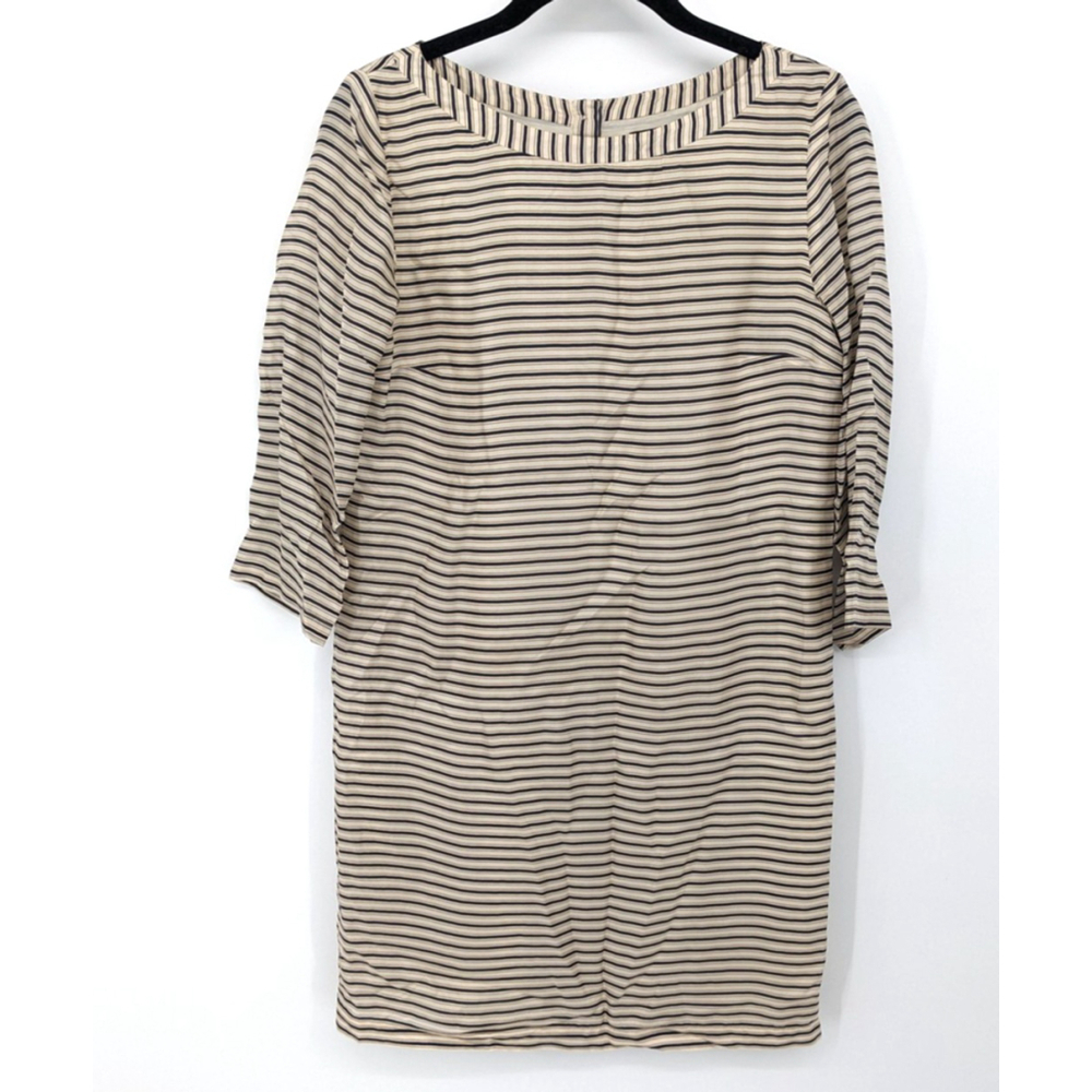 Massimo Dutti Dress Womens Small Beige Navy Stripe Silk 3/4 Sleeve Lined Minimal
